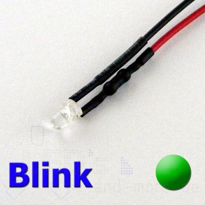 3mm Blink LED ultrahell Grn mit Anschlusskabel 5000mcd 9-14 Volt
