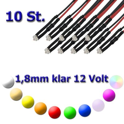 10er-Sets von 1,8mm verkabelten LEDs mit Vorwiderstand für 12 Volt - 10er-Sets von 1,8mm verkabelte LEDs
