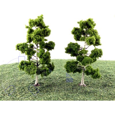 2x große Birken solitär grün Laubbäume m. Fuß Modellbahn 11cm H0