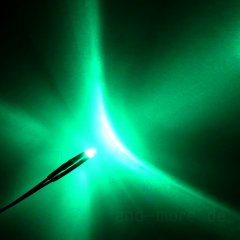 1,8mm LED Grün klar mit Anschlusskabel 7500 mcd 30°