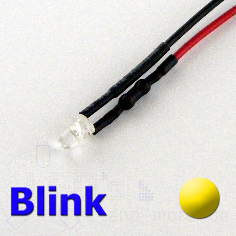 3mm Blink LED ultrahell Gelb mit Anschlusskabel 2300mcd 9-12 Volt, 0,89 €