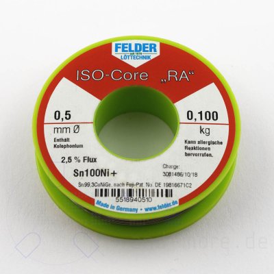 Lot Felder ISO-Core RA 100g Lötzinn mit Flussmittel bleifrei Ø 0,5 mm RoHS-konform