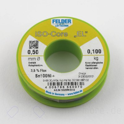 Lot Felder ISO-Core EL 100g Lötzinn mit Flussmittel bleifrei Ø 0,5 mmi RoHS-konform