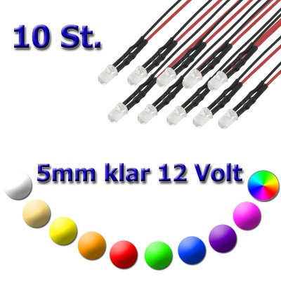 10x 5mm LED ultrahell mit Anschlusskabel 5-15 Volt Wei