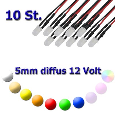 10x 5mm LED diffus mit Anschlusskabel 5-15 Volt