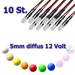 10x 5mm LED diffus mit Anschlusskabel 5-15 Volt Warm Weiß