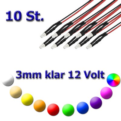 10x 3mm LED ultrahell mit Anschlusskabel 5-15 Volt Wei