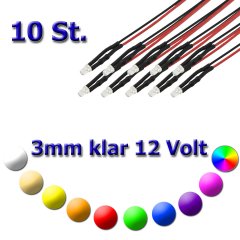 10x 3mm LED ultrahell mit Anschlusskabel 5-15 Volt Blau