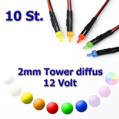 10x Diffuses 2,0mm Tower LED mit Anschlusskabel 100 Gelb