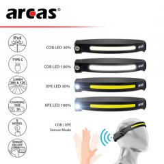 ARCAS 5 + 3W LED Kopflampe mit Sensor, aufladbar per USB, 380 Lumen