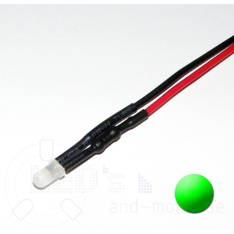 1 x 3mm LED grün matt/diffus mit 20cm Kabel für 12V DC verkabelt mit Widerstand 