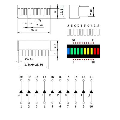 LED Bargraph Anzeige vierfarbig 10 stellig blau grün gelb rot
