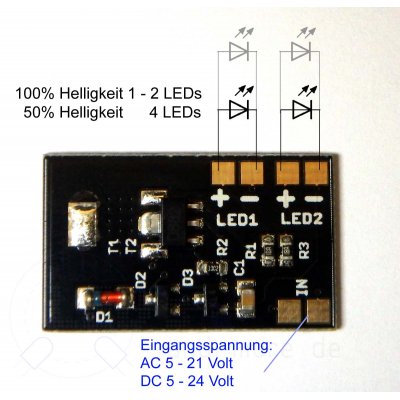 Spannungswandler f. Blink-, Flacker- und Effekt-LEDs AC/DC 5-24V